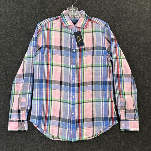 Polo Ralph Lauren Other - Polo Ralph Lauren Shirt Mens Medium Pink Blue Plaid Classic Fit 100% Linen Woven